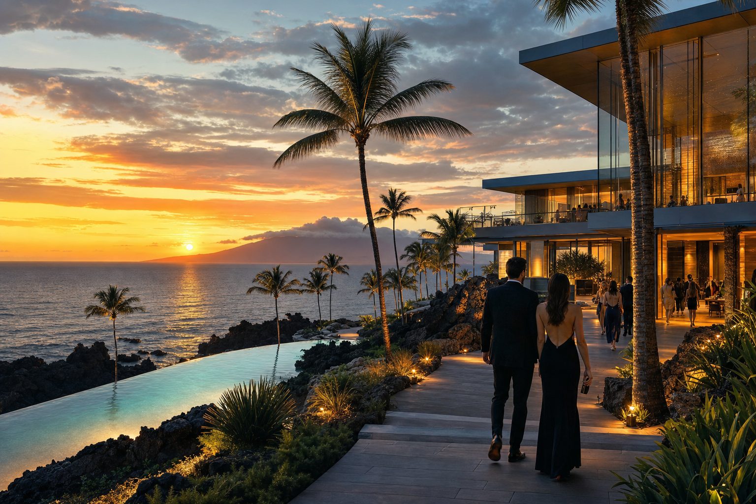 WGR illustration of a coastal resort and swimming pool at sunset