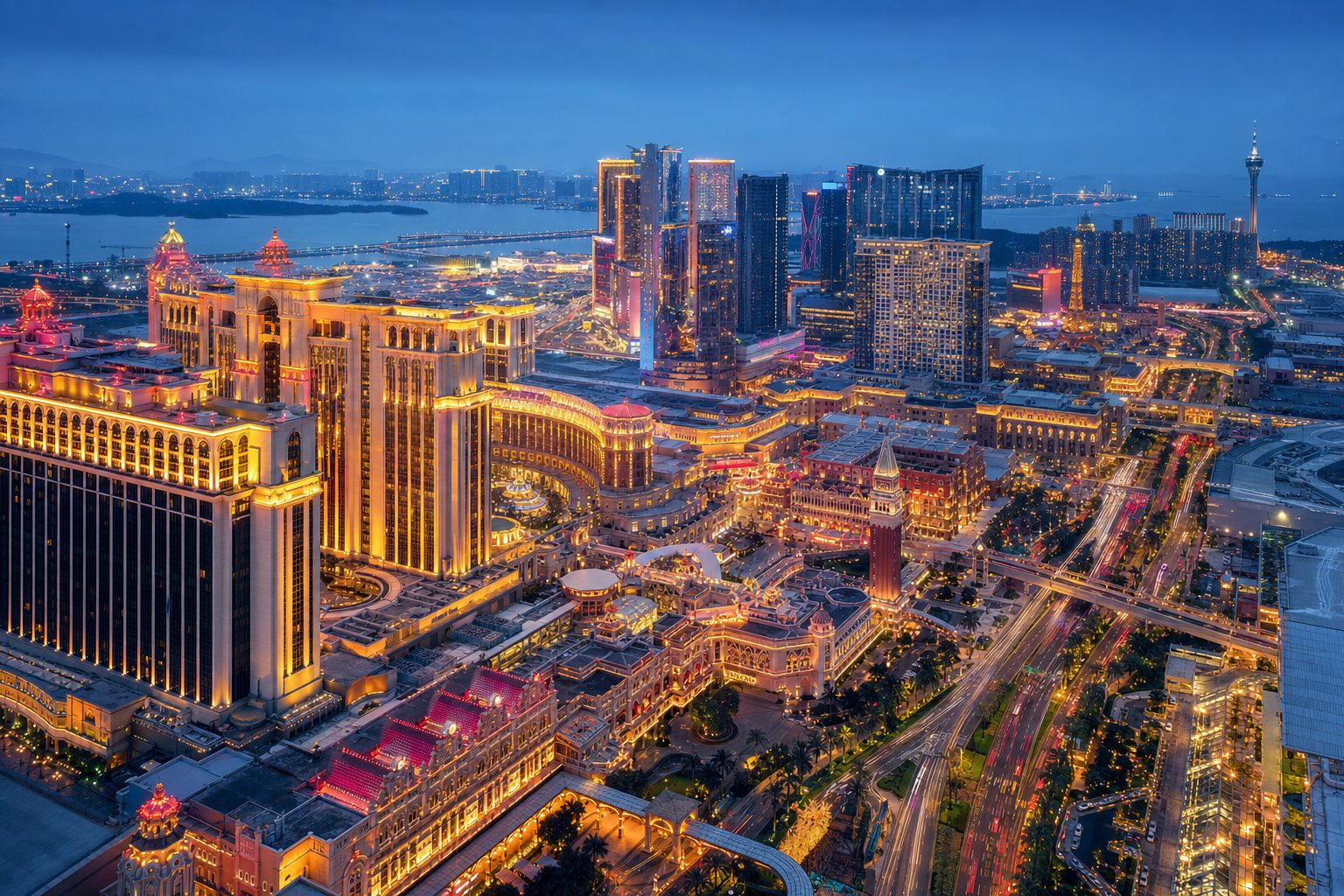 Illustrated casino district skyline at dusk